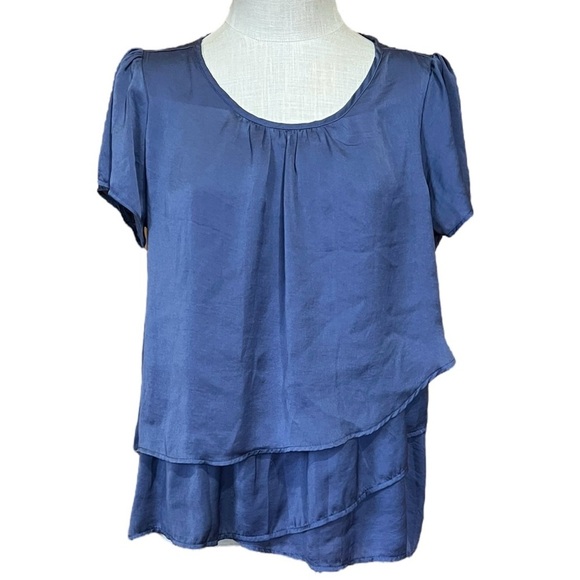 Hagel Medium Blue Tulip Sleeve Ruffled Tier Front Blouse Keyhole Closure Office - Picture 1 of 9